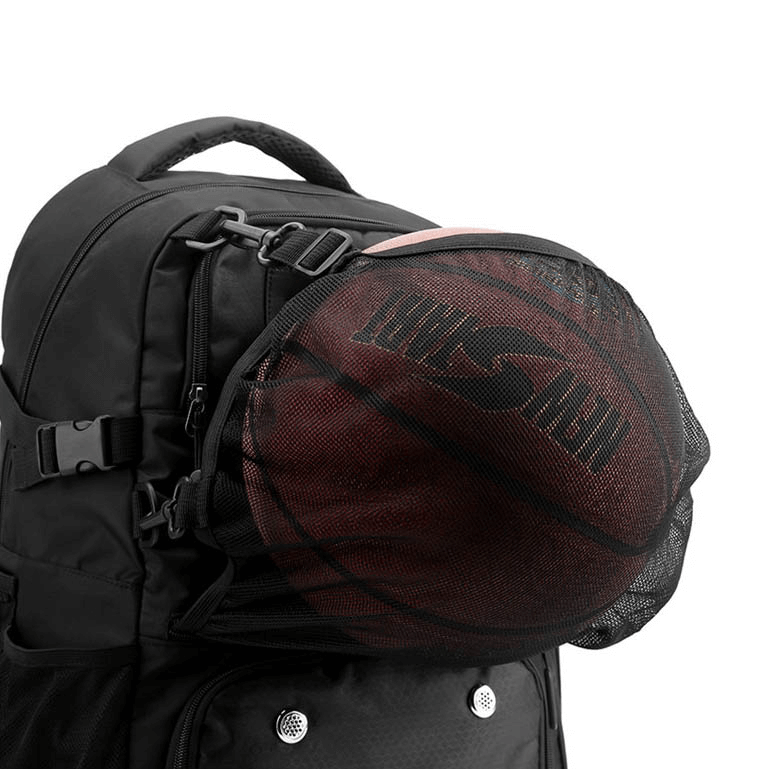Black sports backpack with detachable net pocket holding a basketball, ideal for carrying gear. Features adjustable straps and shoe compartment.